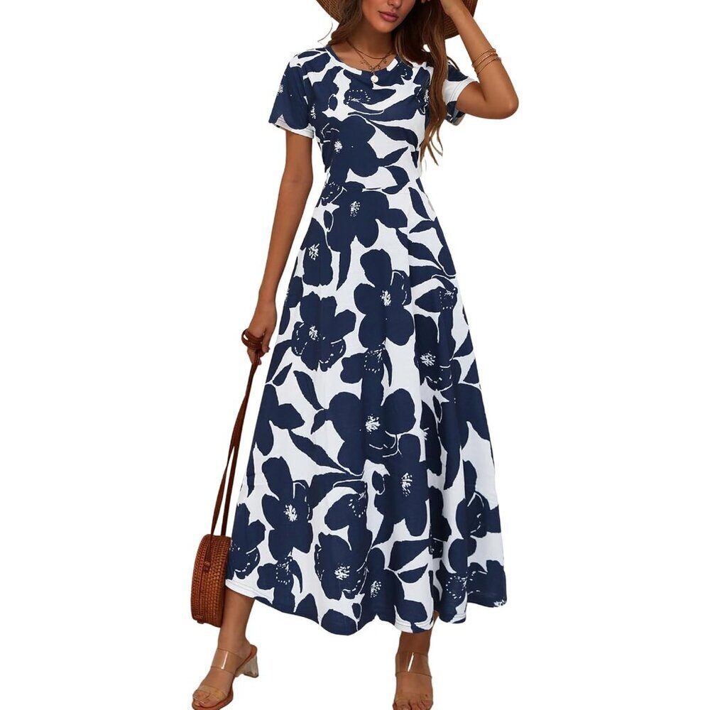 Women's Cotton Maxi Dress with Pockets Short Sleeve Round Neck Casual Summer